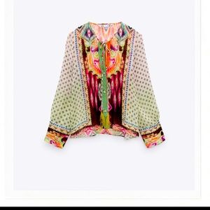 Zara FEATHER TRIM PRINTED BLOUSE  ,Size: Large